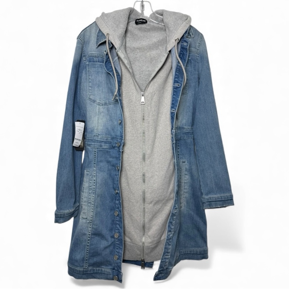 bebe NWT 3-in-1 Denim Trench Coat w/ Removable Hoodie Small - Picture 9 of 16